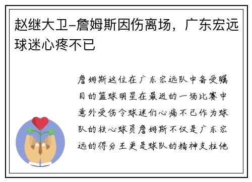 赵继大卫-詹姆斯因伤离场，广东宏远球迷心疼不已