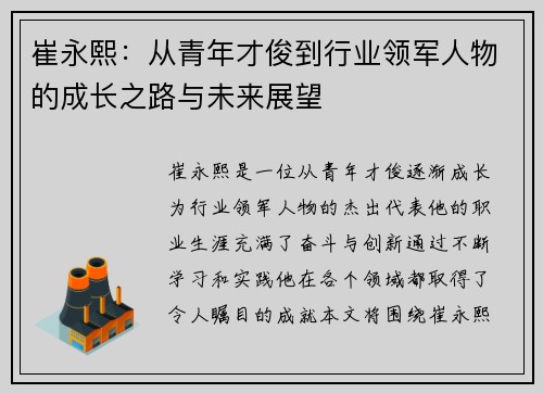 崔永熙：从青年才俊到行业领军人物的成长之路与未来展望